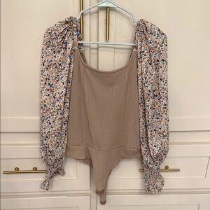 Floral Sleeve Beige Bodysuit